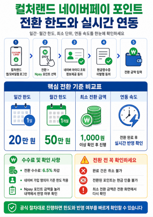컬처랜드 캐쉬를 네이버페이 포인트로 전환할 때 한도와 수수료, 실시간 반영 확인 방법을 정리한 인포그래픽