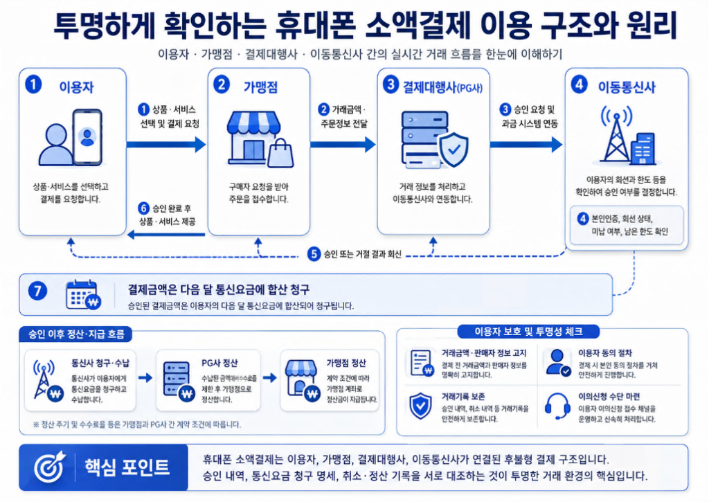 이용자 가맹점 결제대행사 이동통신사 간 휴대폰 소액결제 거래 흐름 구조