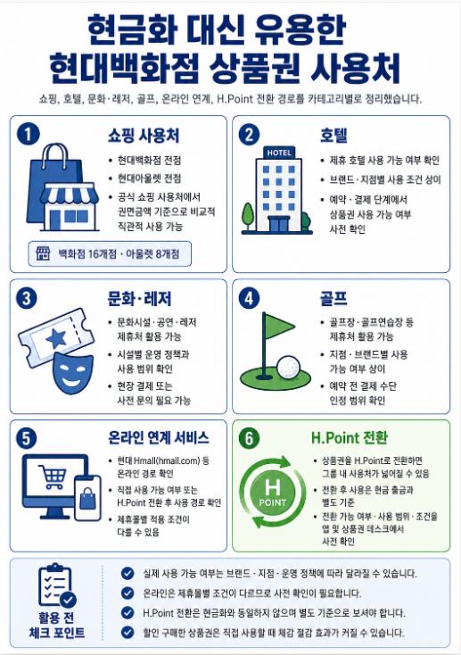 현대백화점 상품권의 사용처를 쇼핑 사용처, 호텔, 문화·레저, 골프, 온라인 연계 서비스, H.Point 전환으로 구분해 정리한 카테고리형 안내 이미지