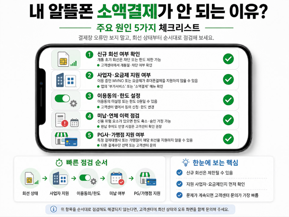알뜰폰 소액결제가 안 되는 주요 원인 5가지를 스마트폰 체크리스트로 정리한 이미지