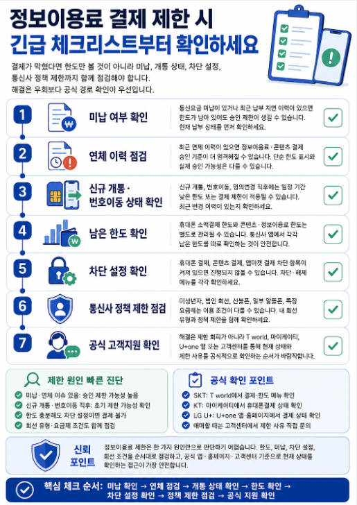 정보이용료 결제 제한 시 미납, 연체, 신규 개통, 한도 초과, 차단 설정, 통신사 정책 제한을 점검하는 체크리스트 이미지