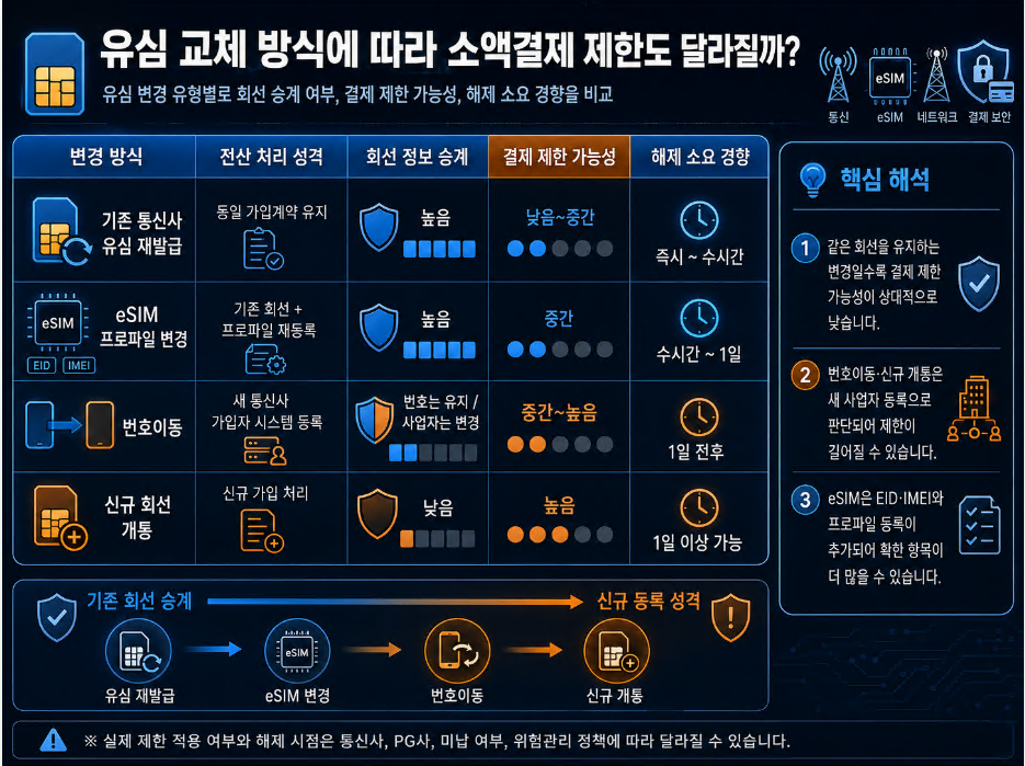 유심 재발급, eSIM, 번호이동, 신규 개통의 소액결제 제한을 비교한 표