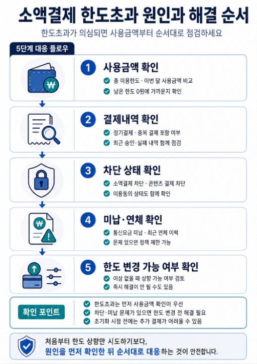 소액결제 한도초과 원인을 사용금액, 결제내역, 차단 상태, 미납·연체, 한도 변경 가능 여부로 점검하는 해결 순서 이미지