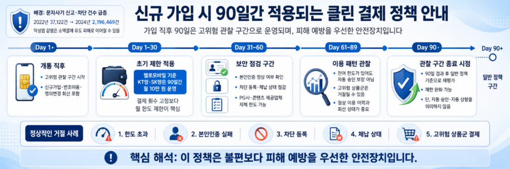 신규 가입 후 1일부터 90일까지 소액결제 한도 제한과 보안 점검 과정을 나타낸 타임라인 인포그래픽