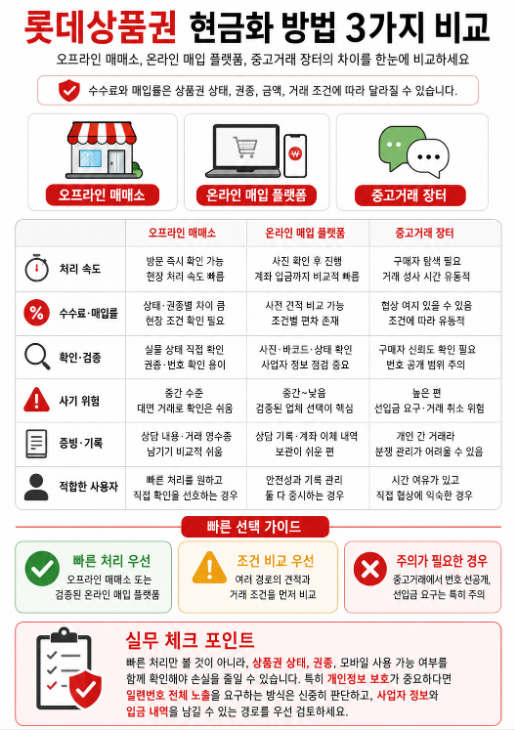 오프라인 매매소, 온라인 매입 플랫폼, 중고거래 장터의 속도, 수수료, 검증 방식, 사기 위험을 비교한 표 이미지