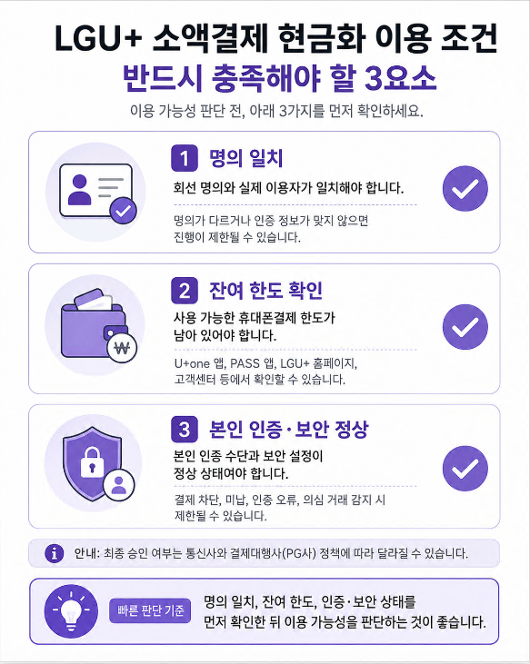 명의 일치, 잔여 한도 확인, 본인 인증과 보안 상태를 정리한 LGU+ 소액결제 이용 조건 체크리스트