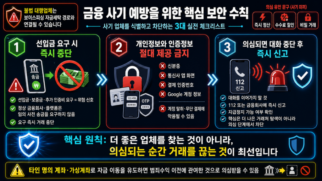 금융 사기 업체를 식별하고 차단하는 세 가지 핵심 보안 수칙 체크리스트 배너