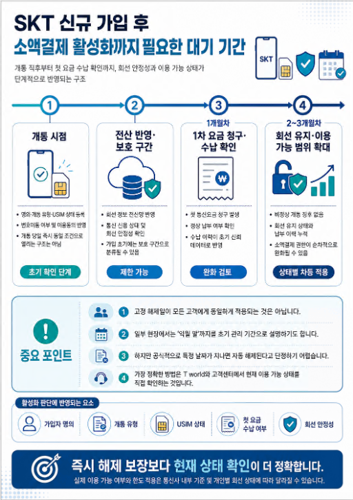 SKT 신규 개통 후 소액결제 활성화까지 전산 반영과 첫 요금 납부 과정을 시간순으로 보여주는 타임라인
