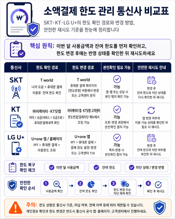 SKT, KT, LG U+의 소액결제 한도 확인 경로와 한도 변경 방법을 비교한 표