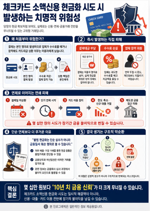 체크카드 소액신용 현금화 시도 시 결제대금 부담, 수수료 손실, 연체, 금융 신용 악화 위험을 설명한 인포그래픽