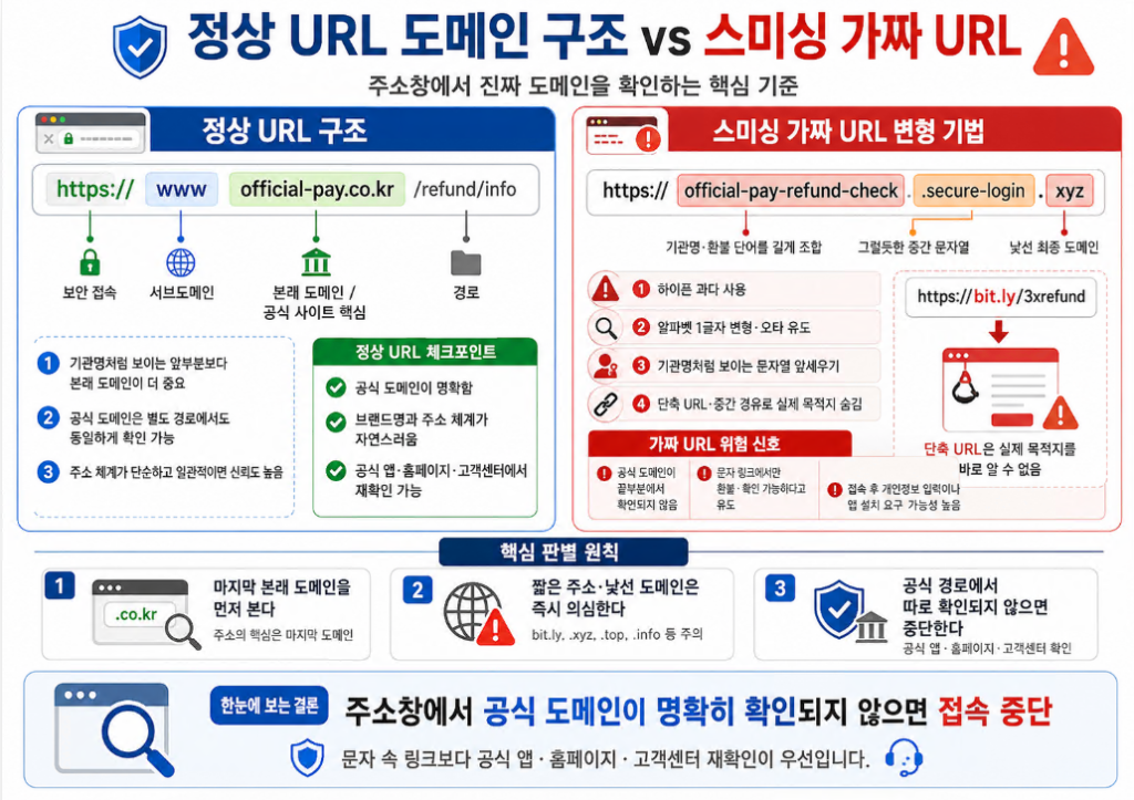 정상 URL 도메인 구조와 스미싱 가짜 URL 변형 기법을 비교해 주소창 확인 기준을 설명한 이미지