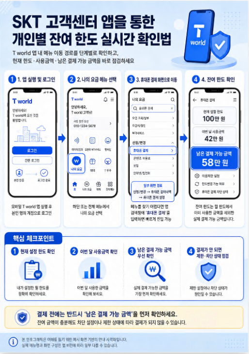 T world 앱에서 SKT 소액결제 잔여 한도와 사용금액을 확인하는 메뉴 이동 과정을 보여주는 안내 이미지