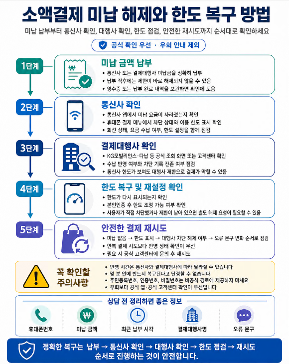 소액결제 미납 금액 납부, 통신사 확인, 결제대행사 확인, 한도 복구 점검, 안전한 결제 재시도 순서를 보여주는 단계형 플로우차트 이미지