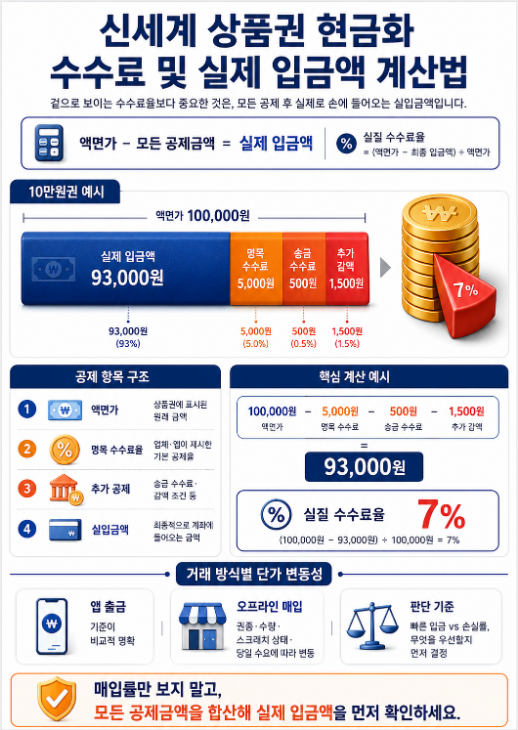 신세계 상품권 현금화 시 액면가에서 수수료와 추가 공제액을 빼 실제 입금액을 계산하는 인포그래픽