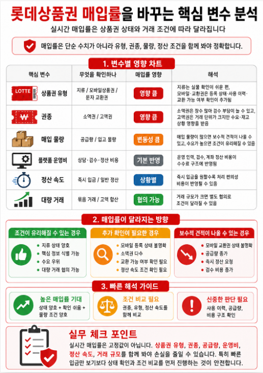 롯데상품권 매입률에 영향을 주는 상품권 유형, 권종, 물량, 운영비, 정산 속도, 거래 규모를 정리한 분석 차트 이미지
