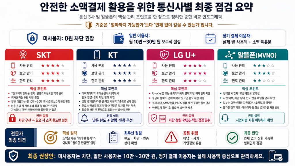 SKT, KT, LG U+, 알뜰폰의 소액결제 한도, 차단, 인증 관리 포인트를 비교한 종합 대시보드
